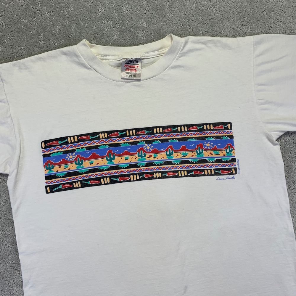 VINTAGE Oneita T Shirt XL White Southwest Desert Cactus Chili Pepper Graphic 90s
